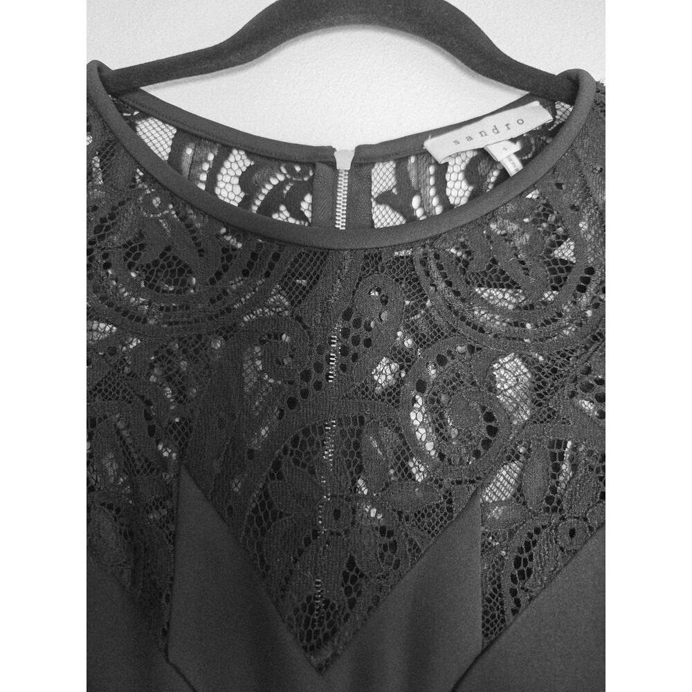 Sandro Black Mini Dress 4 Small Sheath Pencil Short Sleeves Lace Yoke - Picture 5 of 13